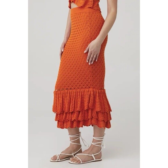 Beach Riot Skirt Midi Orange Crochet Knit Ruffle Swim Coverup Womens Small Polly - Picture 1 of 9